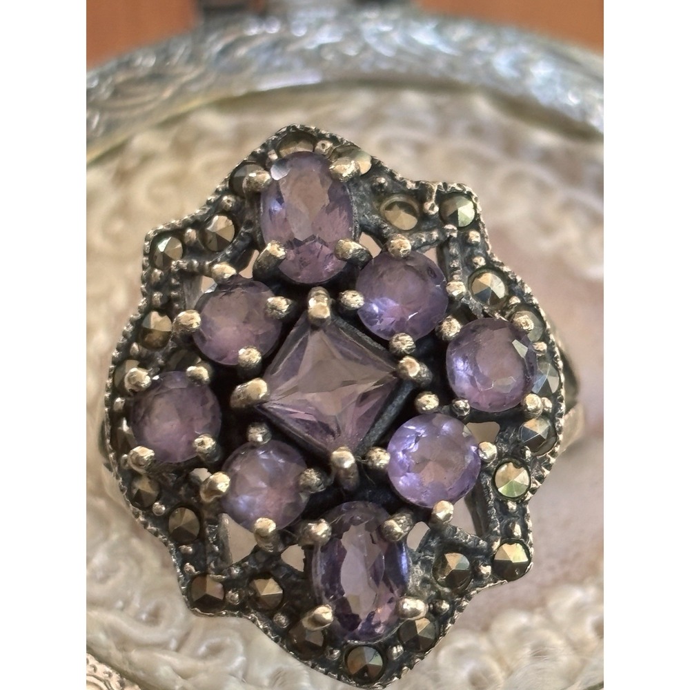 Sterling Silver Marcasite & Purple Amethyst Statement Cluster Ring Size 8.5
